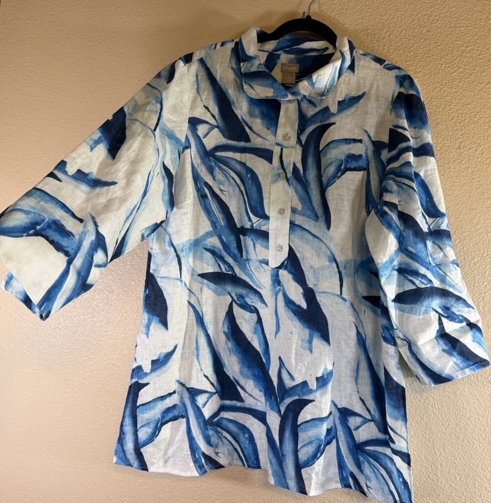 NWT Chico's Linen 3 Size XL 3/4 Sleeve Tropical Leaf Blue White Tunic Top